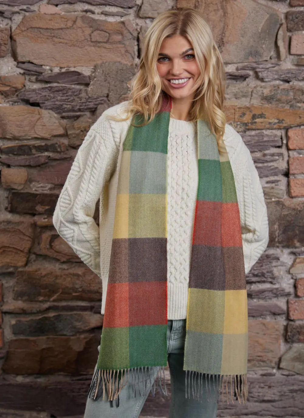 Extra Fine Merino Wool Fringed Check Scarf 